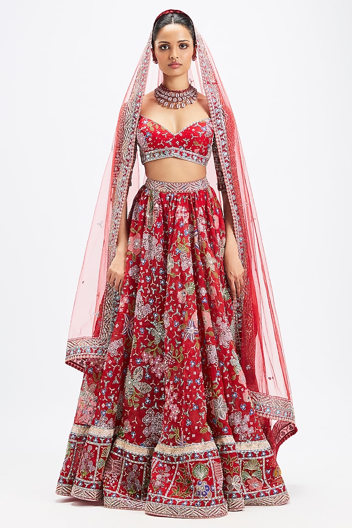 Red Organza Printed & Applique Embellished Gathered Bridal Lehenga Set by Aisha Rao at Pernia's Pop Up Shop