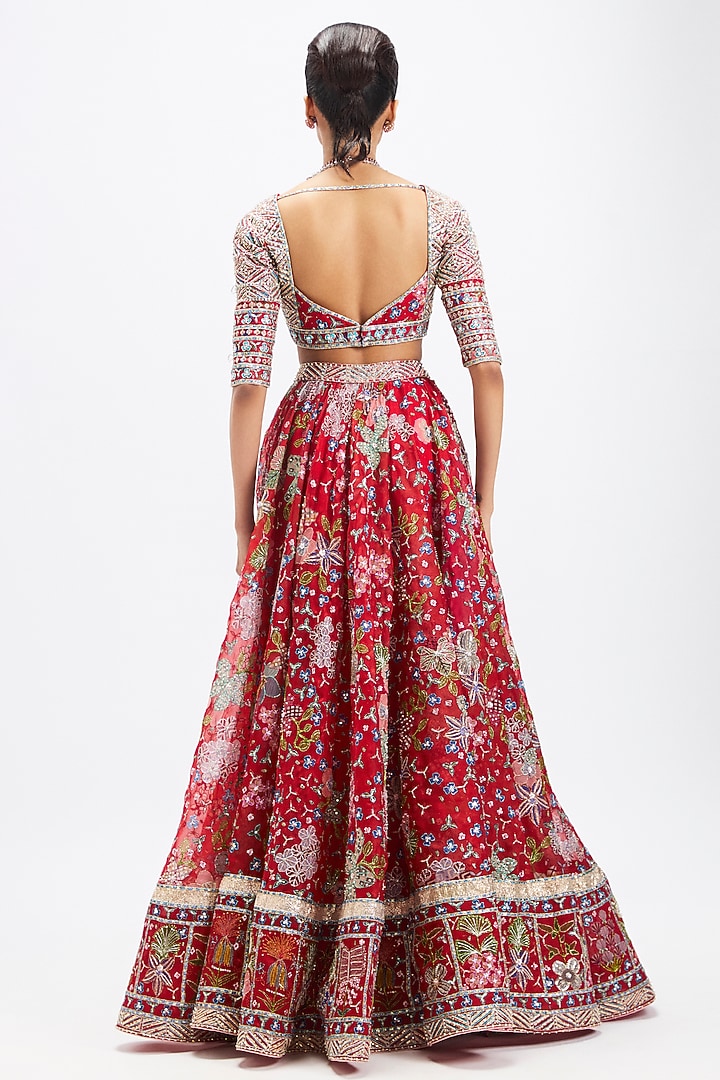 Red Organza Printed & Applique Embellished Gathered Bridal Lehenga Set by Aisha Rao at Pernia's Pop Up Shop