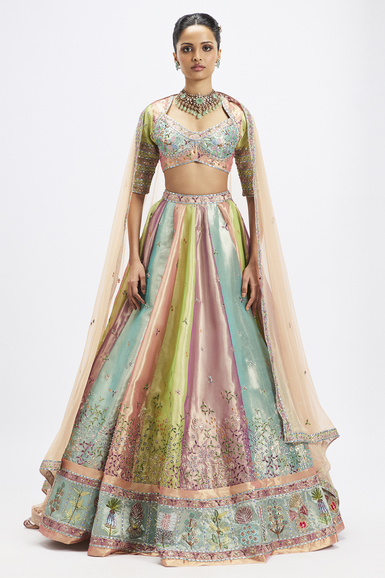 Multi-Colored Tissue Applique Embellished Bridal lehenga for 22 Lehenga Set by Aisha Rao at Pernia's Pop Up Shop