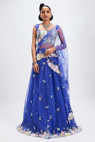Persian Blue Net Applique Embellished Pre-Stitched Lehenga Saree Set by Aisha Rao