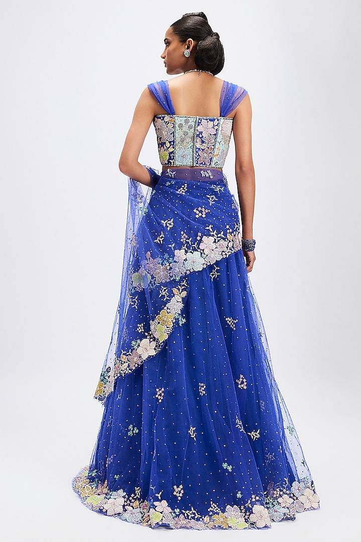 Persian Blue Net Applique Embellished Pre-Stitched Bridal Lehenga Saree Set by Aisha Rao at Pernia's Pop Up Shop