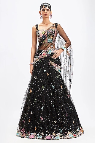 Black Tulle Net Applique Embellished Lehenga Saree Set by Aisha Rao