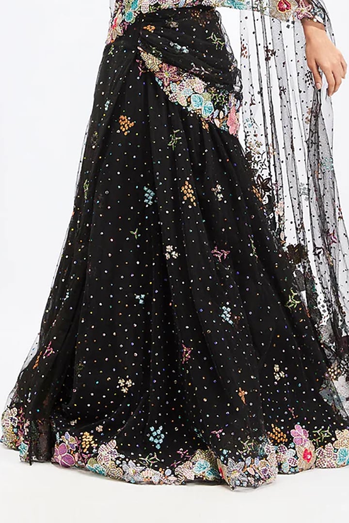 Black Tulle Net Applique Embellished Bridal Lehenga Saree Set by Aisha Rao at Pernia's Pop Up Shop