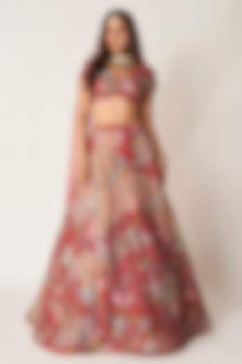 Red Organza Printed & Embellished Wedding Lehenga Set by Aisha Rao at Pernia's Pop Up Shop