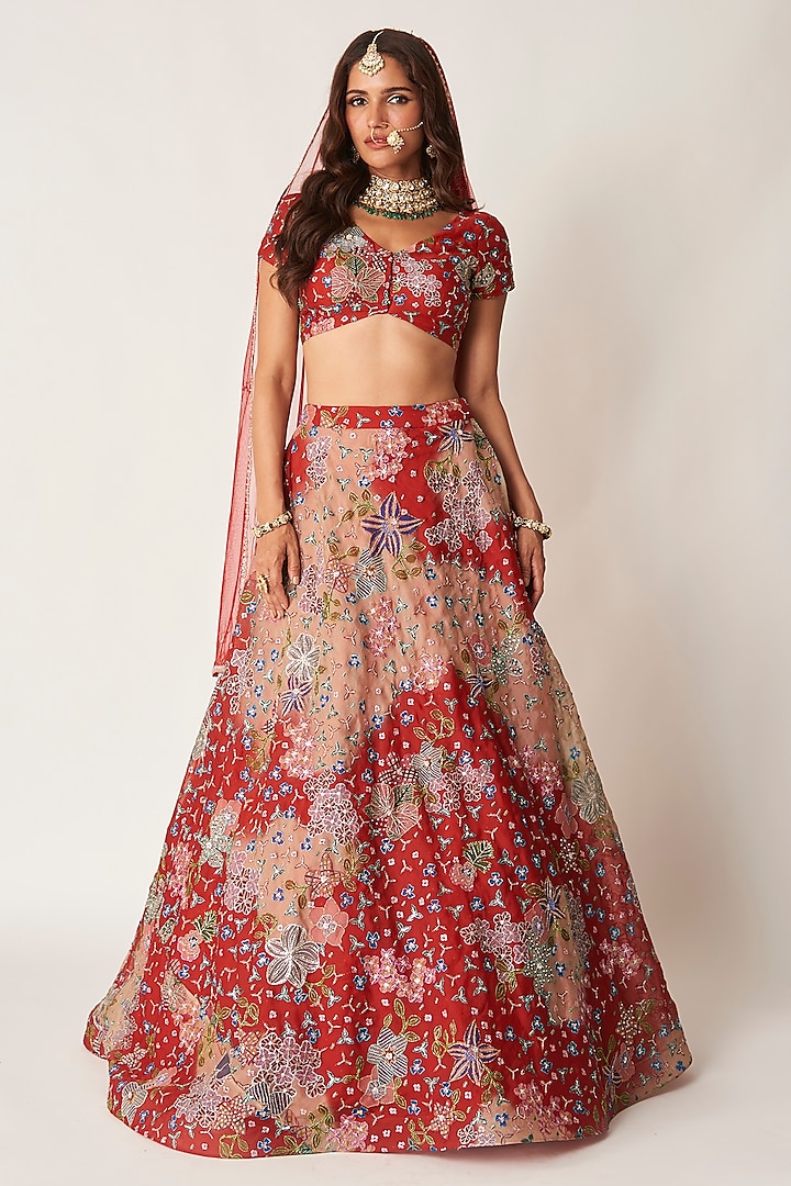 Red Organza Printed & Embellished Wedding Lehenga Set by Aisha Rao at Pernia's Pop Up Shop