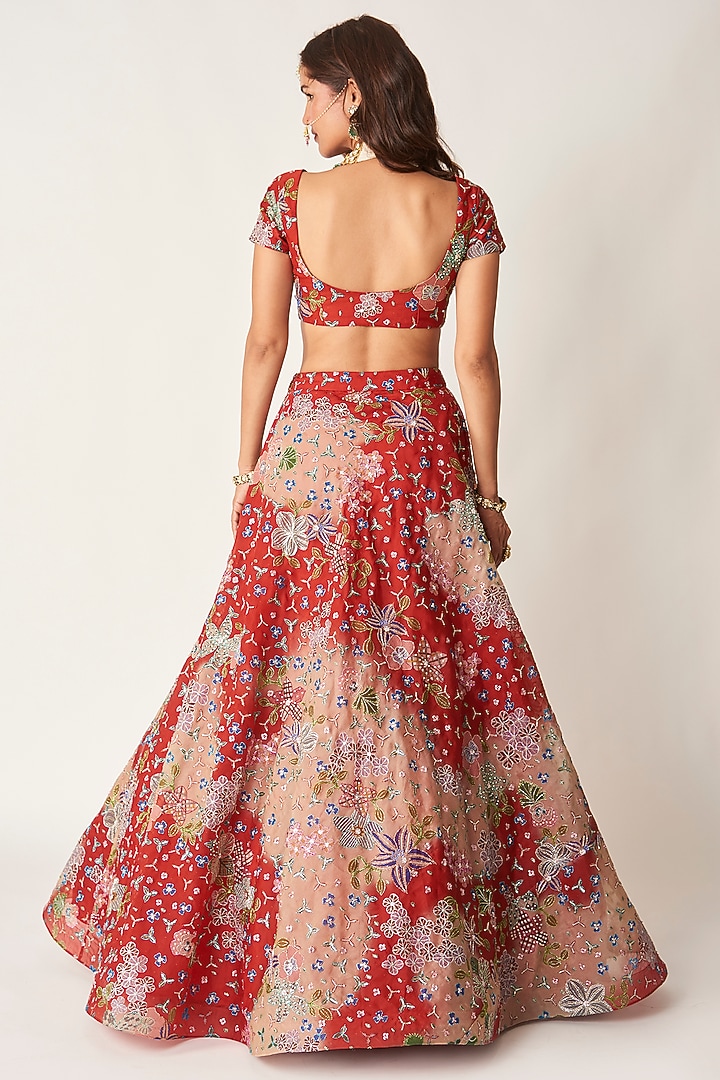 Red Organza Printed & Embellished Bridal Lehenga Set by Aisha Rao at Pernia's Pop Up Shop