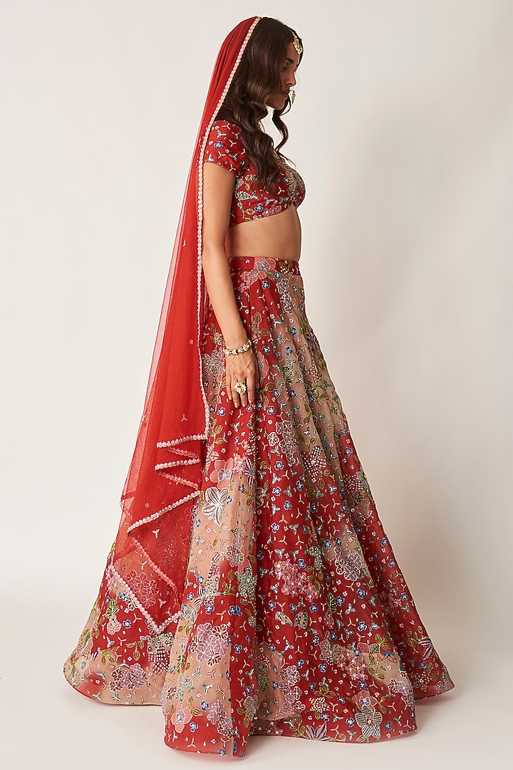 Red Organza Printed & Embellished Bridal Lehenga Set by Aisha Rao at Pernia's Pop Up Shop