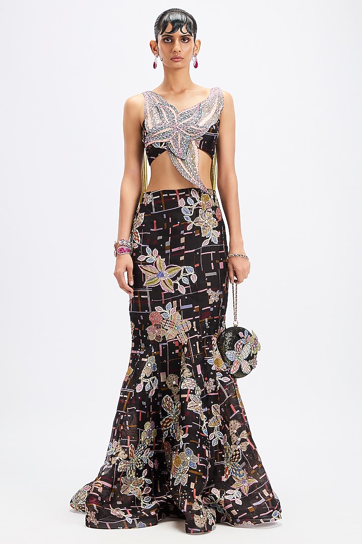 Black Organza Moss Printed & Applique Embellished Wedding Gown by Aisha Rao at Pernia's Pop Up Shop