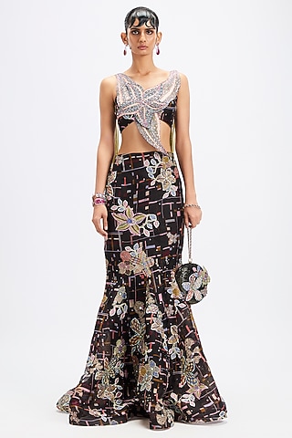 Black Organza Moss Printed & Applique Embellished Gown by Aisha Rao