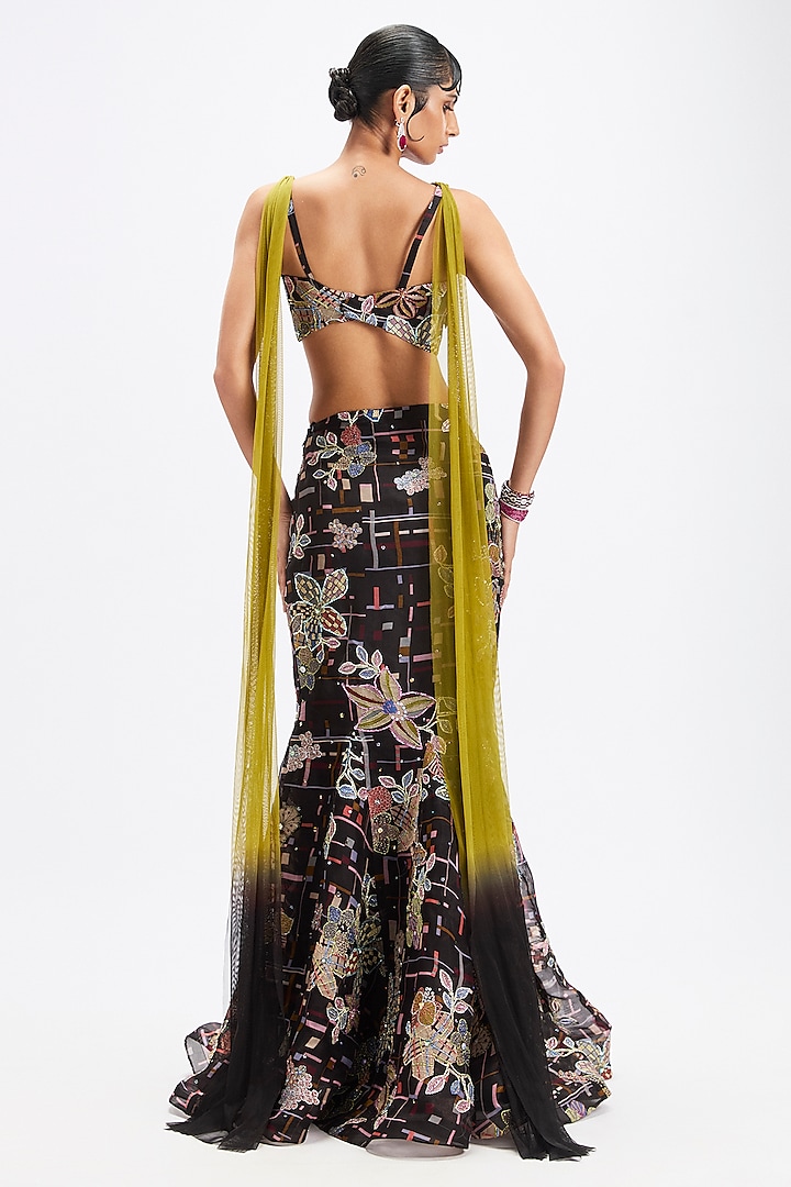Black Organza Moss Printed & Applique Embellished Wedding Gown by Aisha Rao at Pernia's Pop Up Shop