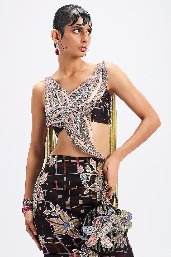 Black Organza Moss Printed & Applique Embellished Wedding Gown by Aisha Rao at Pernia's Pop Up Shop