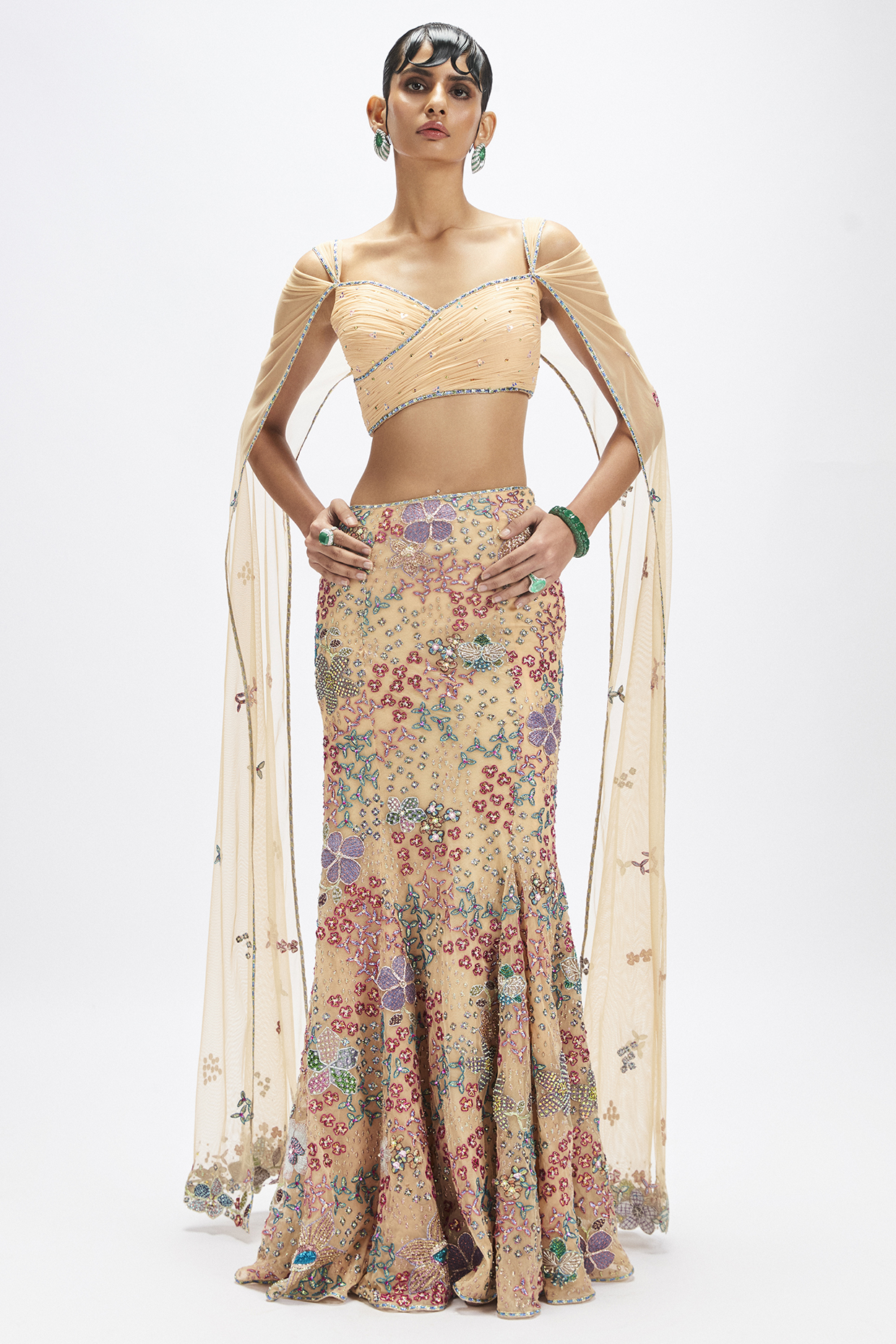 Beige Tulle Net Applique Embellished Mermaid Bridal Lehenga Set by Aisha Rao at Pernia's Pop Up Shop