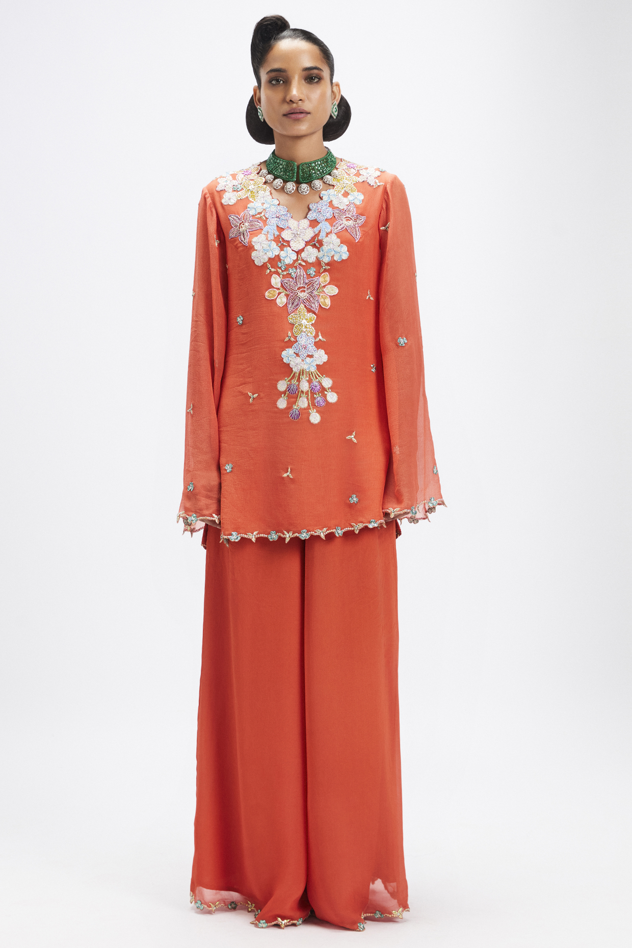 Orange Chiffon Applique Embellished Kurta Set by Aisha Rao at Pernia's Pop Up Shop