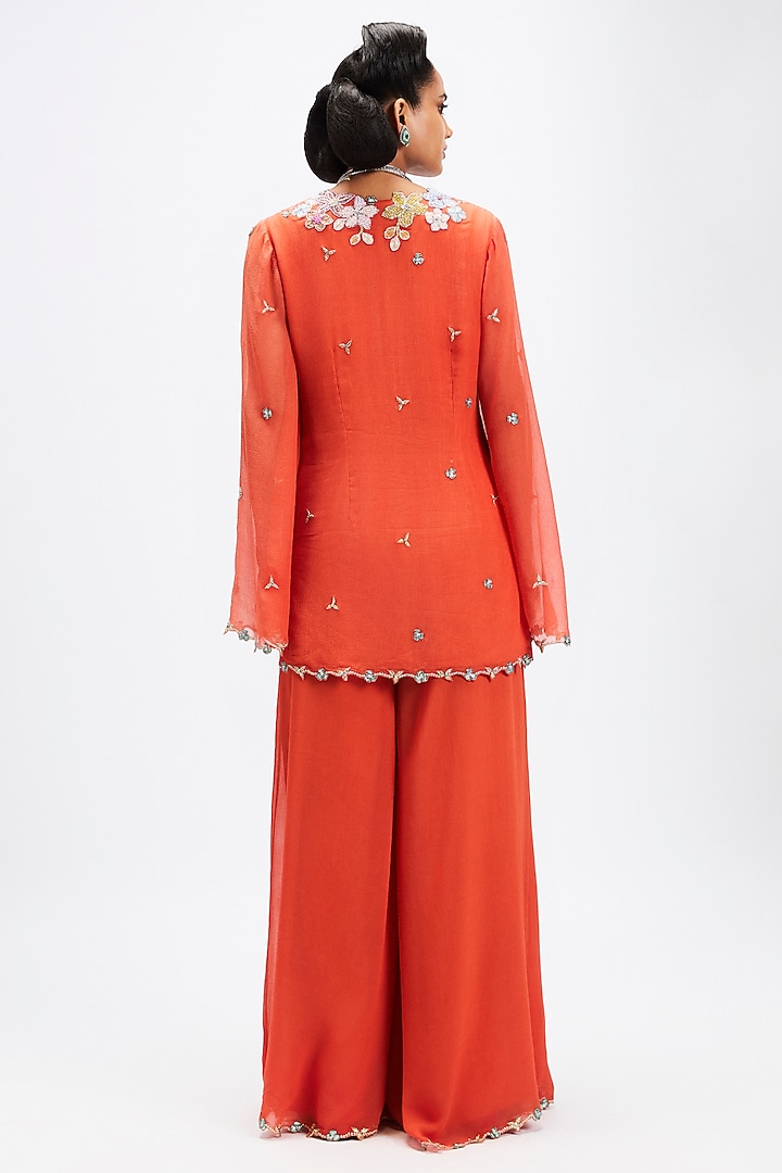 Orange Chiffon Applique Embellished Kurta Set by Aisha Rao at Pernia's Pop Up Shop