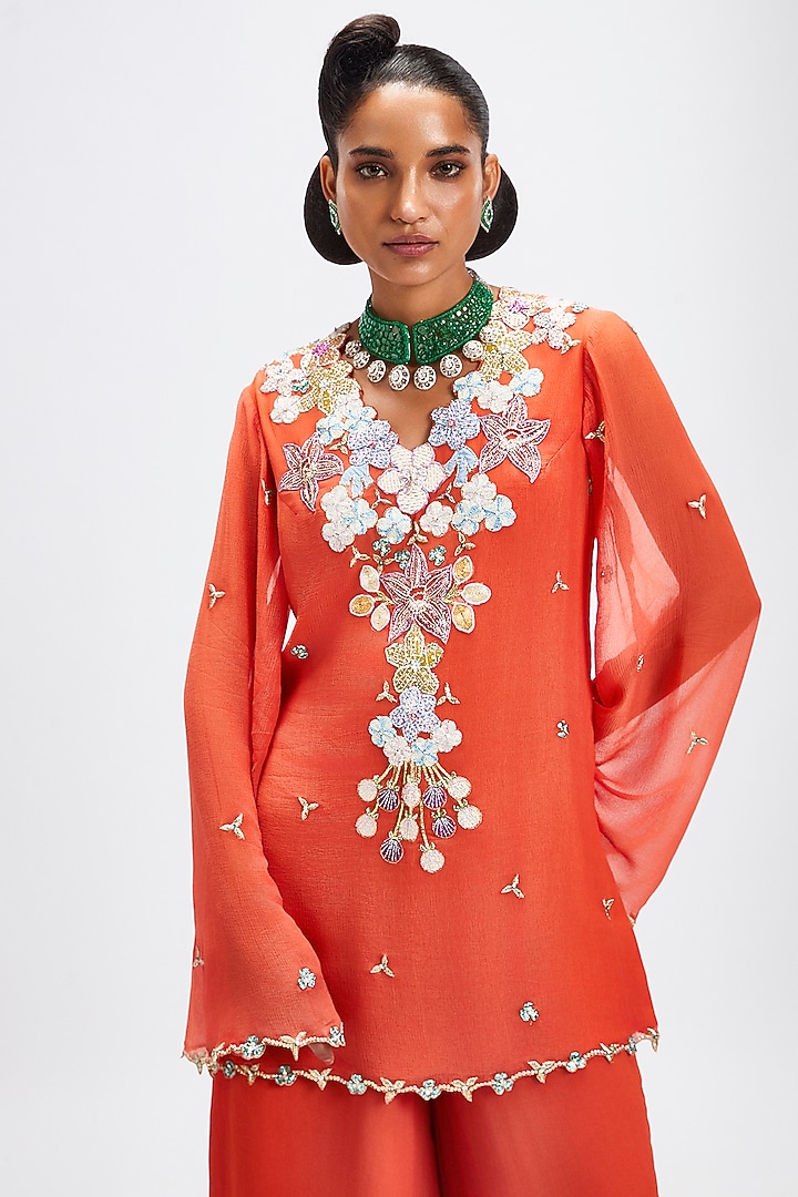 Orange Chiffon Applique Embellished Kurta Set by Aisha Rao at Pernia's Pop Up Shop