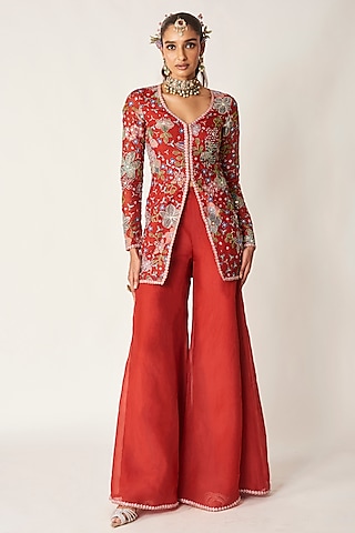 Red Organza Printed & Embellished Kurta Set by Aisha Rao