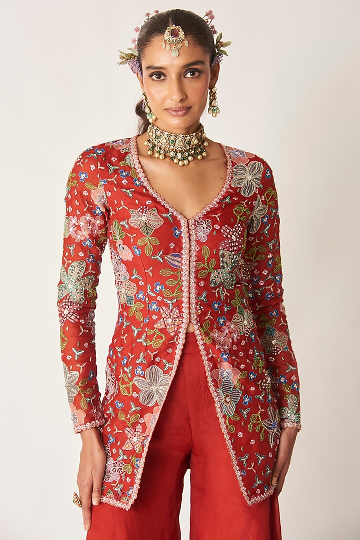 Red Organza Printed & Embellished Kurta Set by Aisha Rao at Pernia's Pop Up Shop