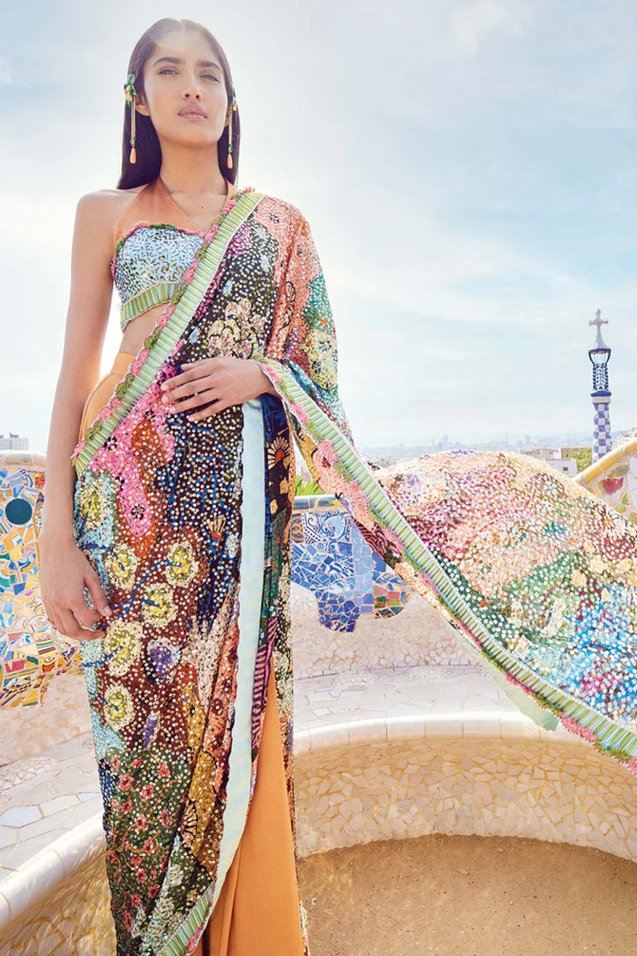 Multi-Colored Sequins Printed Reception Saree Set by Aisha Rao at Pernia's Pop Up Shop
