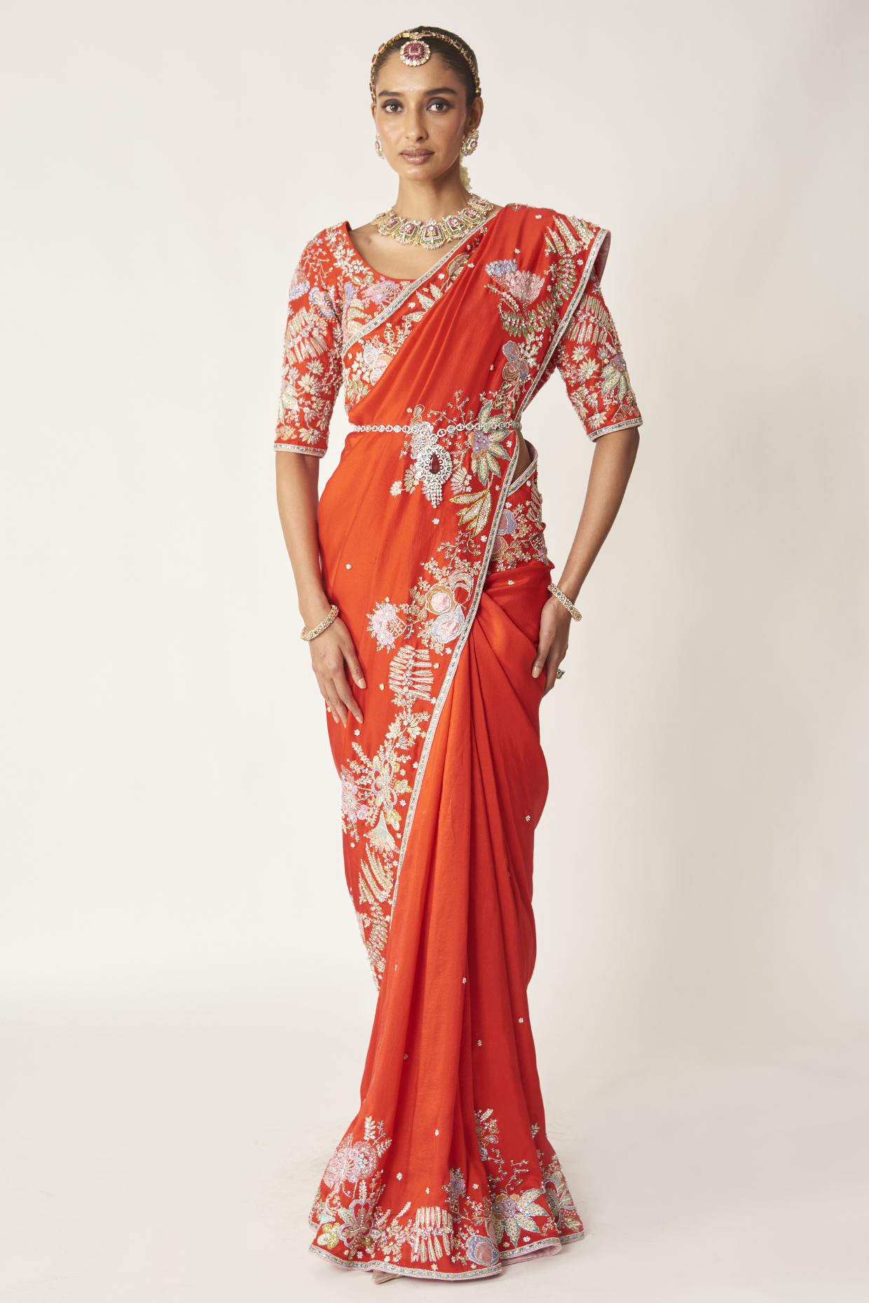 Red Dupion Silk Embellished Bridal Saree Set by Aisha Rao at Pernia's Pop Up Shop