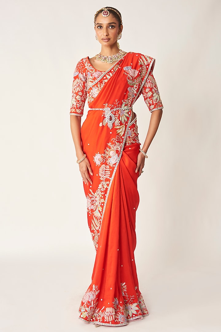 Red Dupion Silk Embellished Bridal Saree Set by Aisha Rao at Pernia's Pop Up Shop