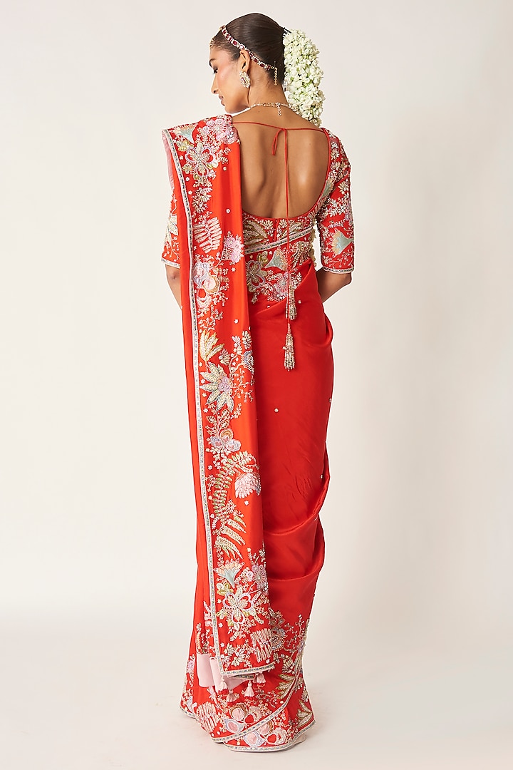 Red Dupion Silk Embellished Bridal Saree Set by Aisha Rao at Pernia's Pop Up Shop