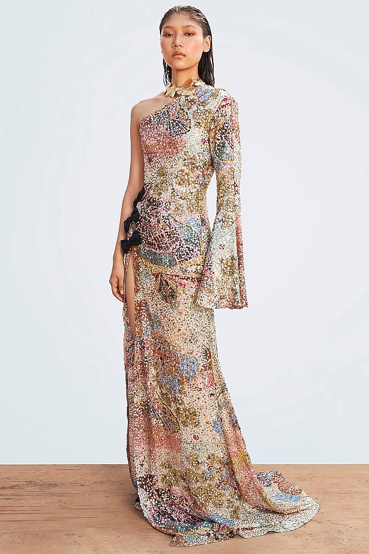 Multi-Colored Sequins One-Shoulder Engagement Gown by Aisha Rao at Pernia's Pop Up Shop