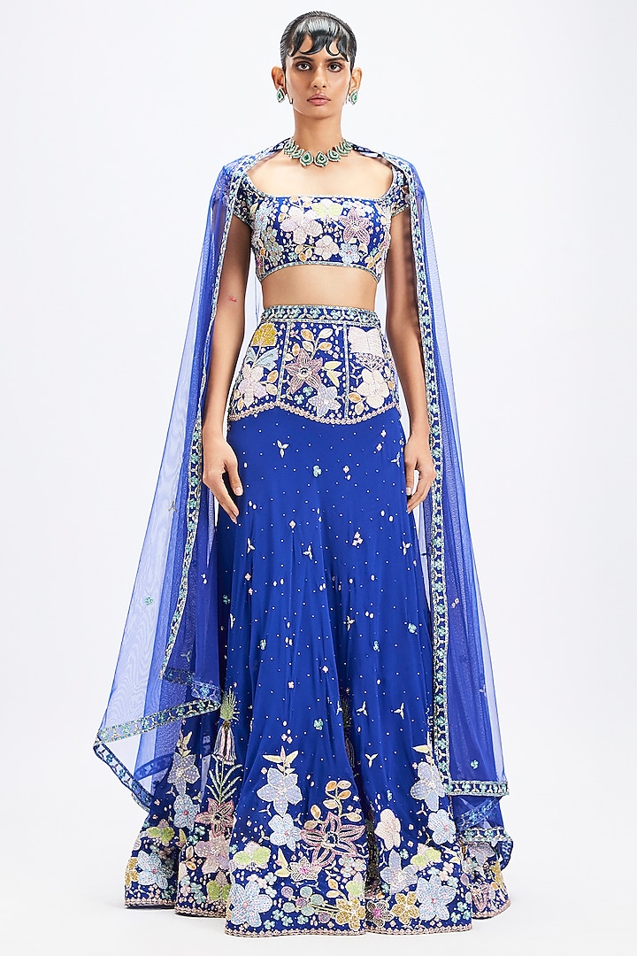 Persian Blue Georgette Applique Embellished Bridal Lehenga Set by Aisha Rao at Pernia's Pop Up Shop
