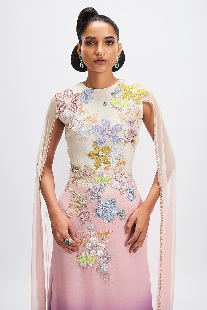 Dusk Colored Georgette Applique Embellished Engagement Gown by Aisha Rao at Pernia's Pop Up Shop