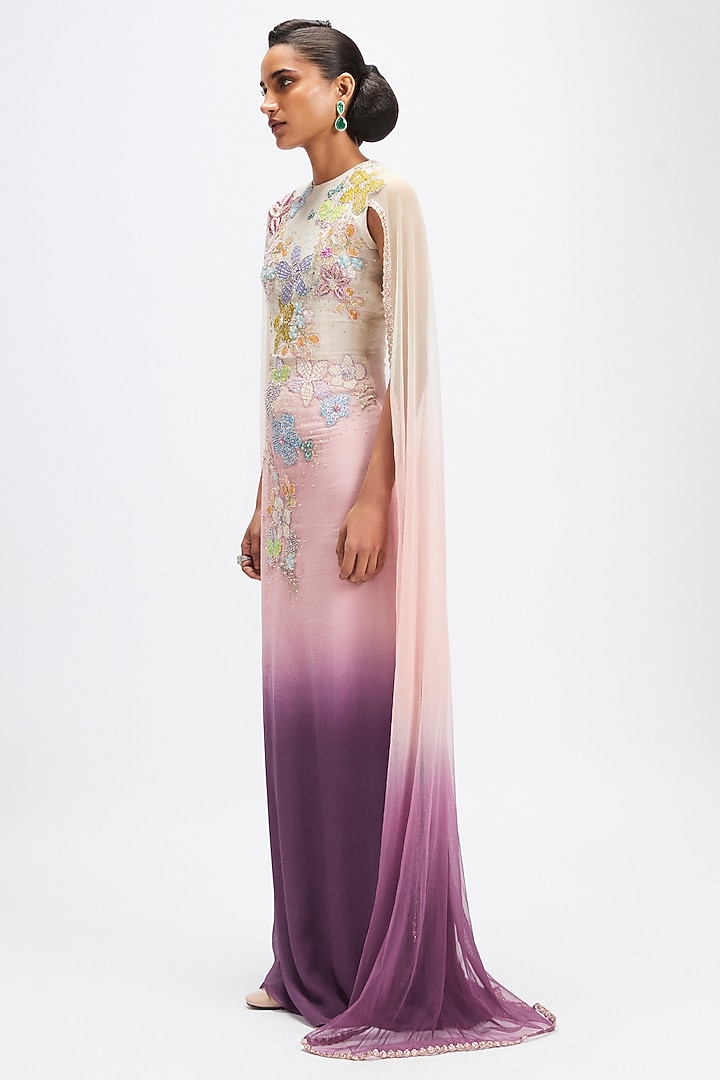 Dusk Colored Georgette Applique Embellished Engagement Gown by Aisha Rao at Pernia's Pop Up Shop
