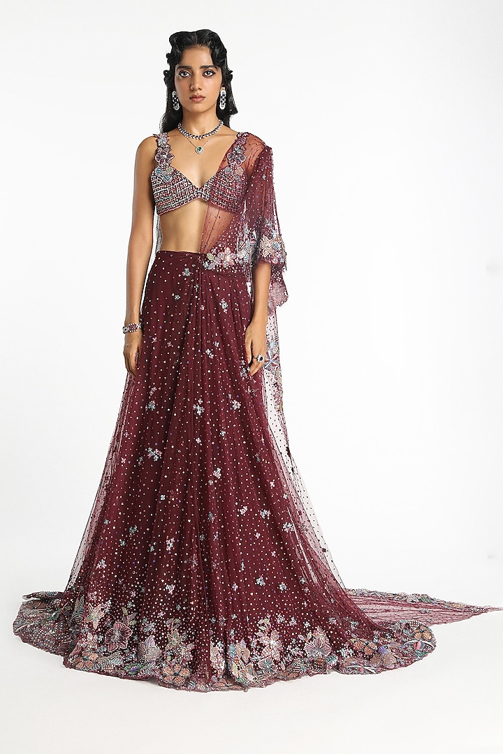 Plum Net Applique Embellished Pre-Stitched Bridal Lehenga Saree Set by Aisha Rao at Pernia's Pop Up Shop