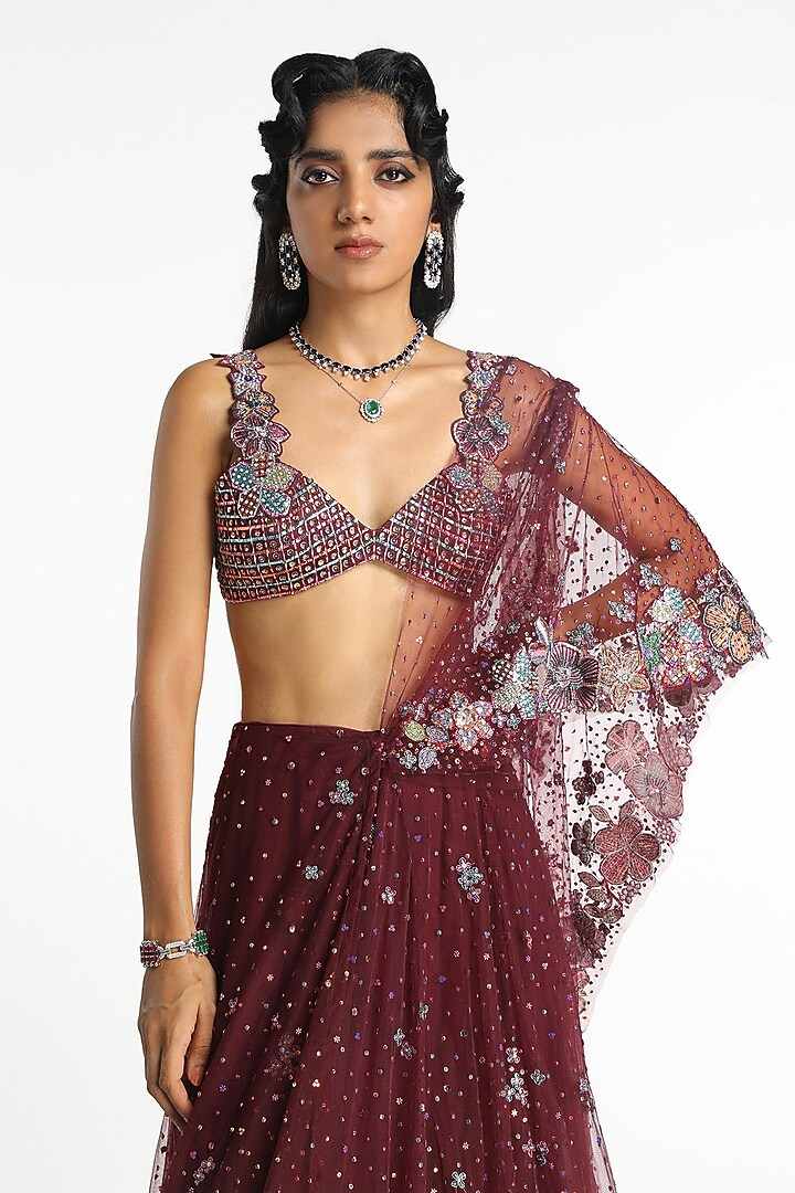 Plum Net Applique Embellished Pre-Stitched Bridal Lehenga Saree Set by Aisha Rao at Pernia's Pop Up Shop