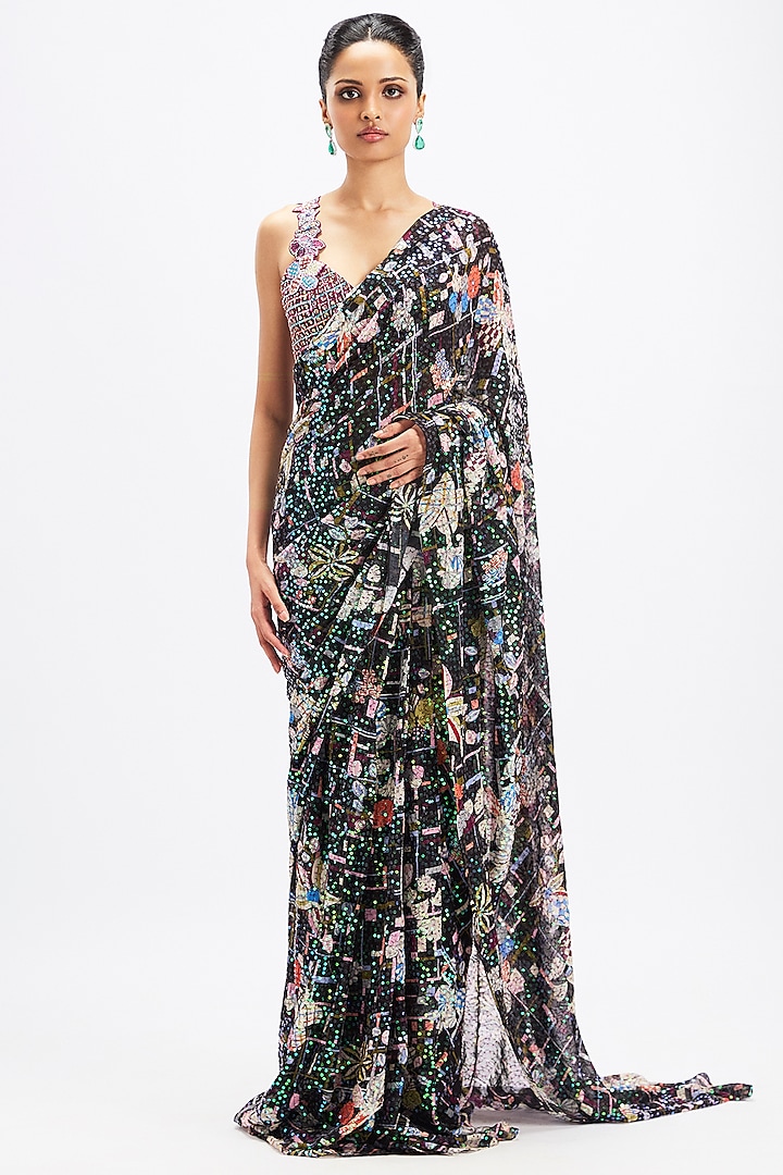 Black & Plum Sequins Tulle Reception Saree Set by Aisha Rao at Pernia's Pop Up Shop