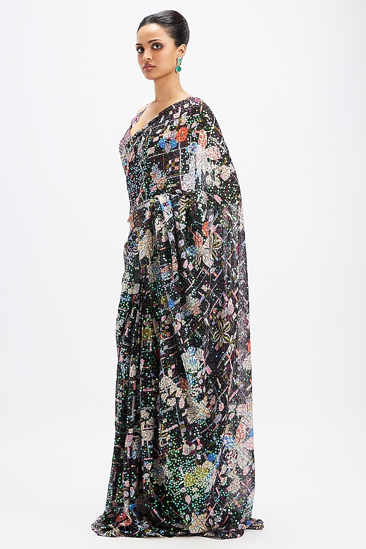 Black & Plum Sequins Tulle Reception Saree Set by Aisha Rao at Pernia's Pop Up Shop