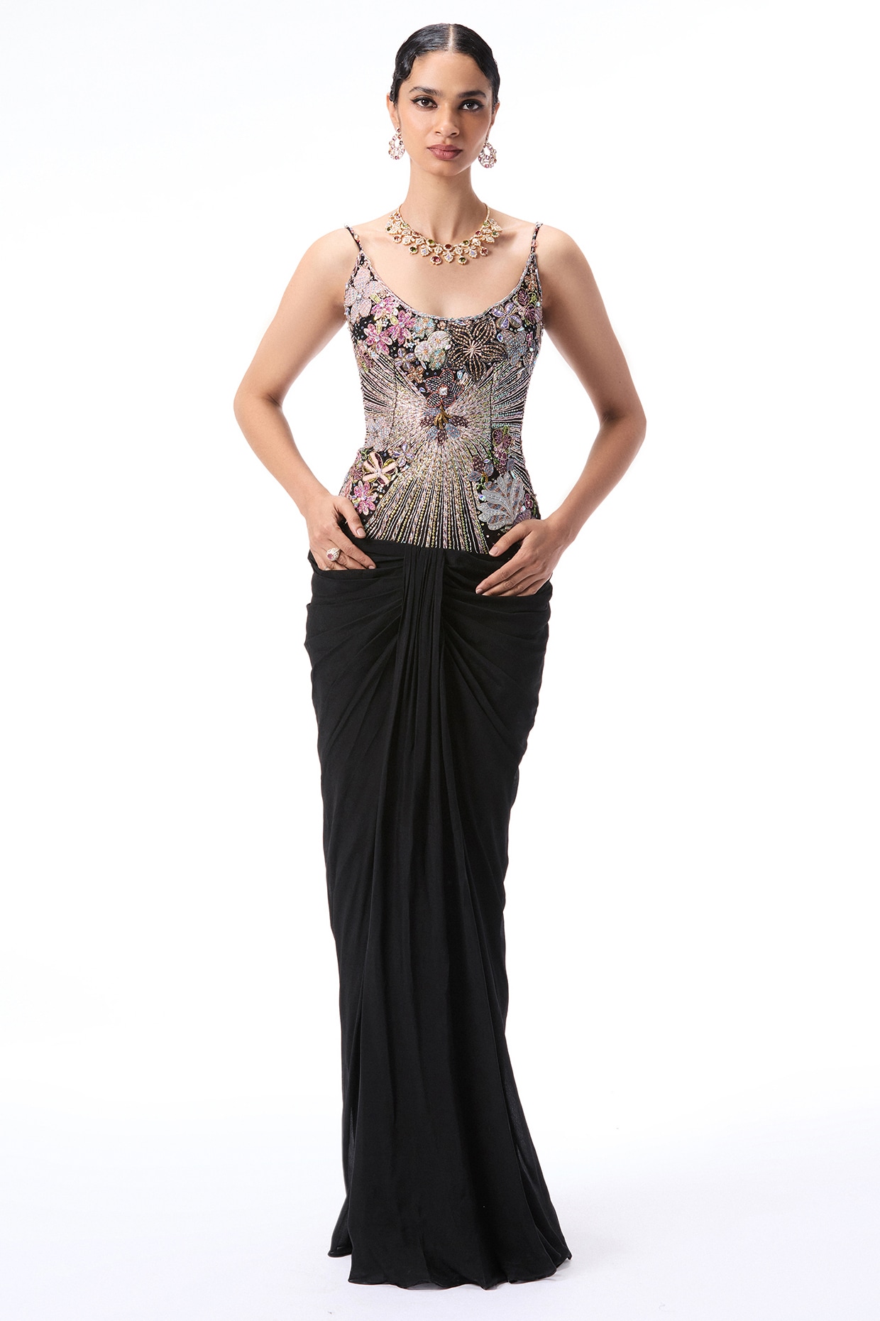 Aisha Rao Black Chiffon & Tulle Applique Embellished Draped Gown