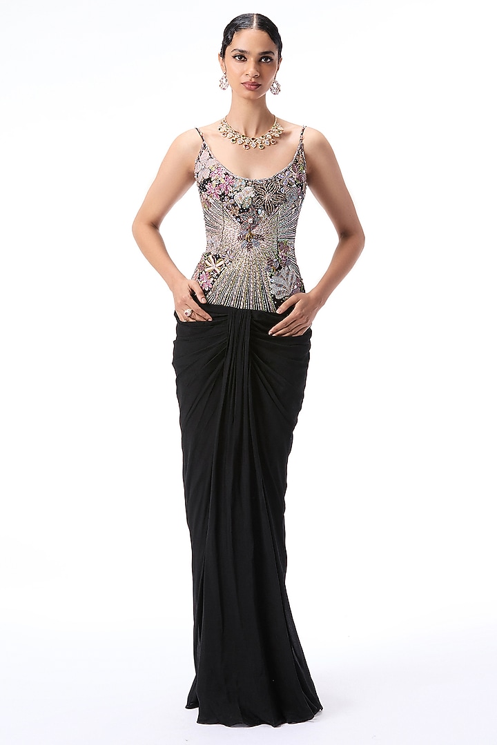 Black Chiffon & Tulle Applique Embellished Draped Wedding Gown by Aisha Rao at Pernia's Pop Up Shop