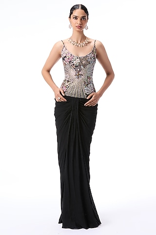 Black Chiffon & Tulle Applique Embellished Draped Gown by Aisha Rao