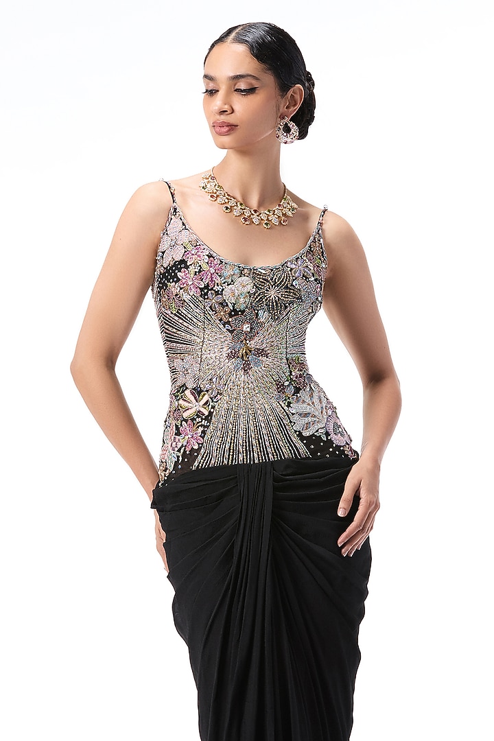 Black Chiffon & Tulle Applique Embellished Draped Wedding Gown by Aisha Rao at Pernia's Pop Up Shop