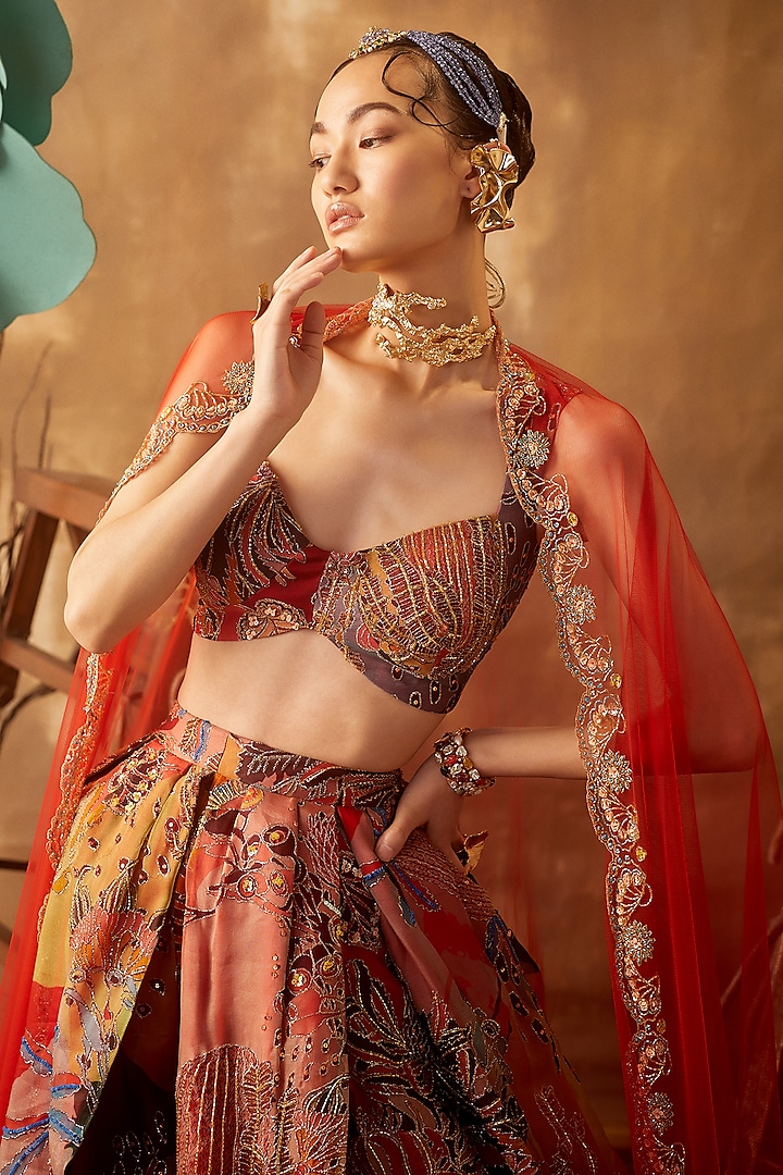 Red Organza Printed & Embellished Bridal Lehenga Set by Aisha Rao at Pernia's Pop Up Shop