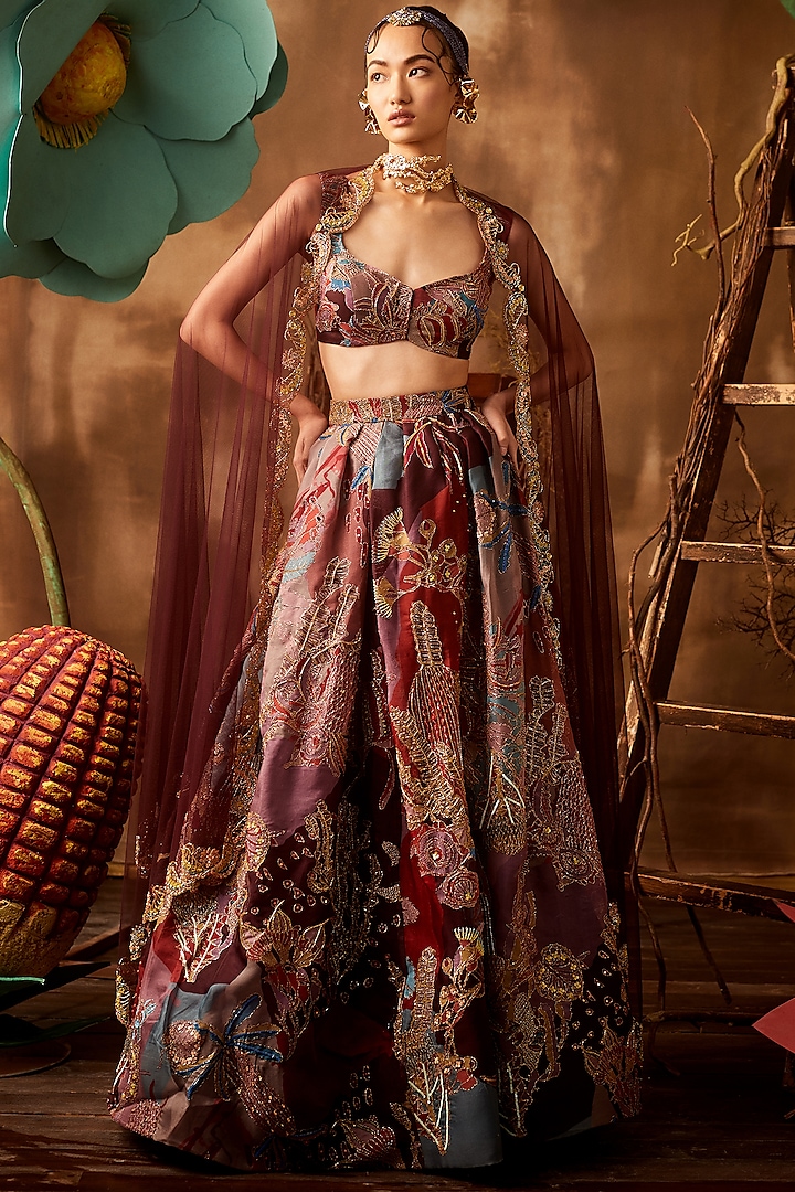 Plum Embellished & Printed Skirt Set by Aisha Rao