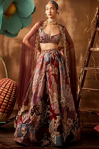 Plum Organza Applique Embellished & Printed Skirt Set by Aisha Rao
