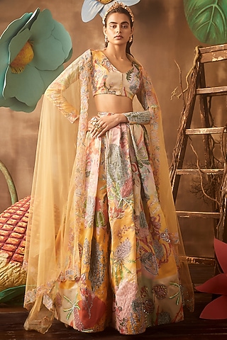 Yellow Organza Embellished & Printed Skirt Set by Aisha Rao