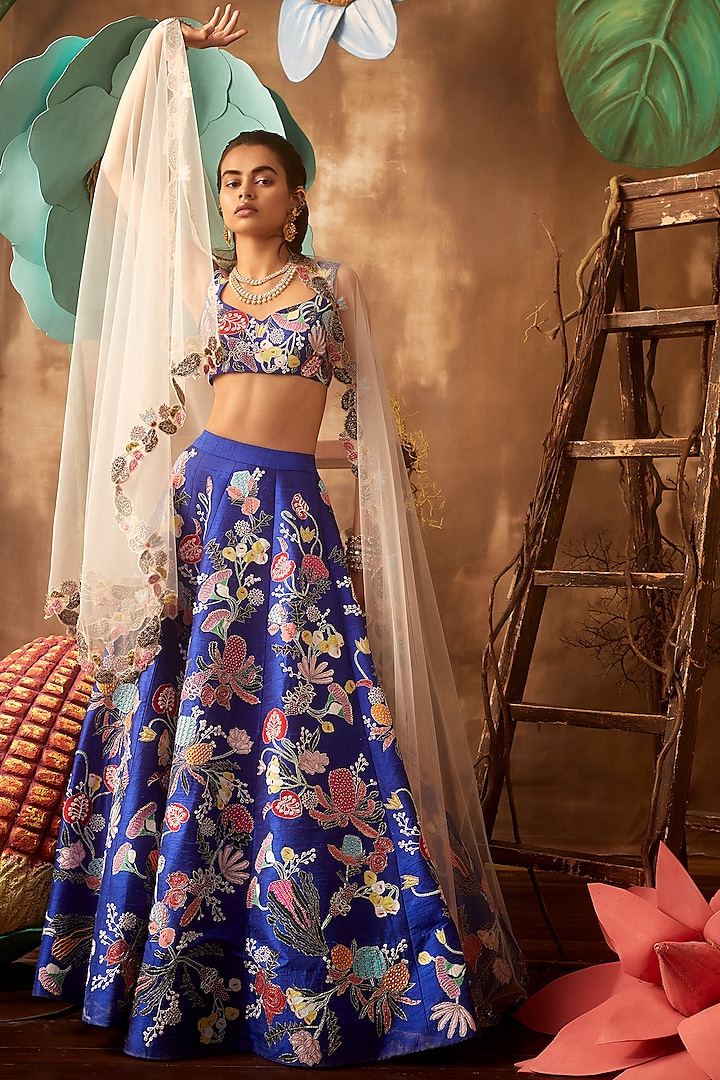 Blue Embellished & Printed Lehenga Set by Aisha Rao