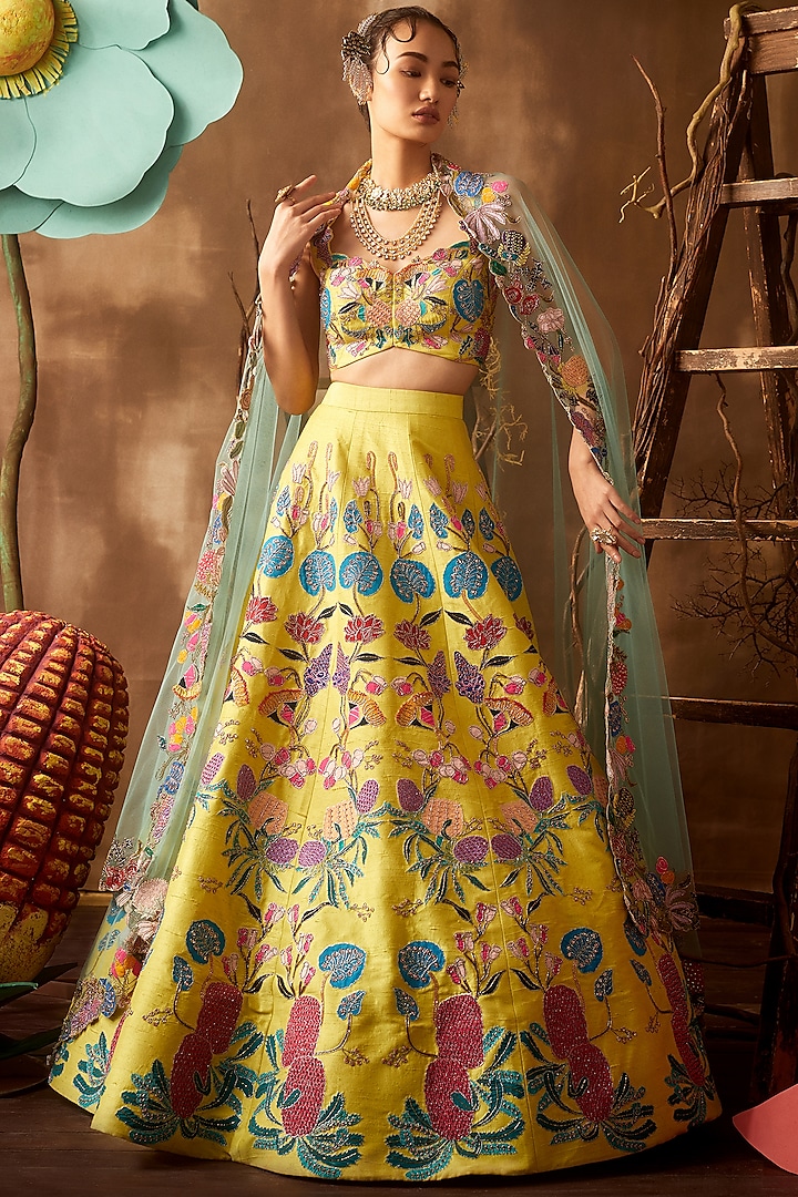 Lime Embellished Kalidar Lehenga Set by Aisha Rao