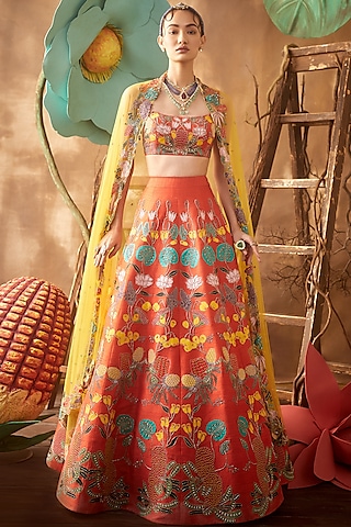 Orange Embellished Kalidar Lehenga Set by Aisha Rao