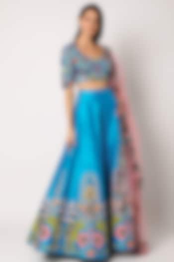 Cyan Blue Printed & Hand Embellished Lehenga Set by Aisha Rao