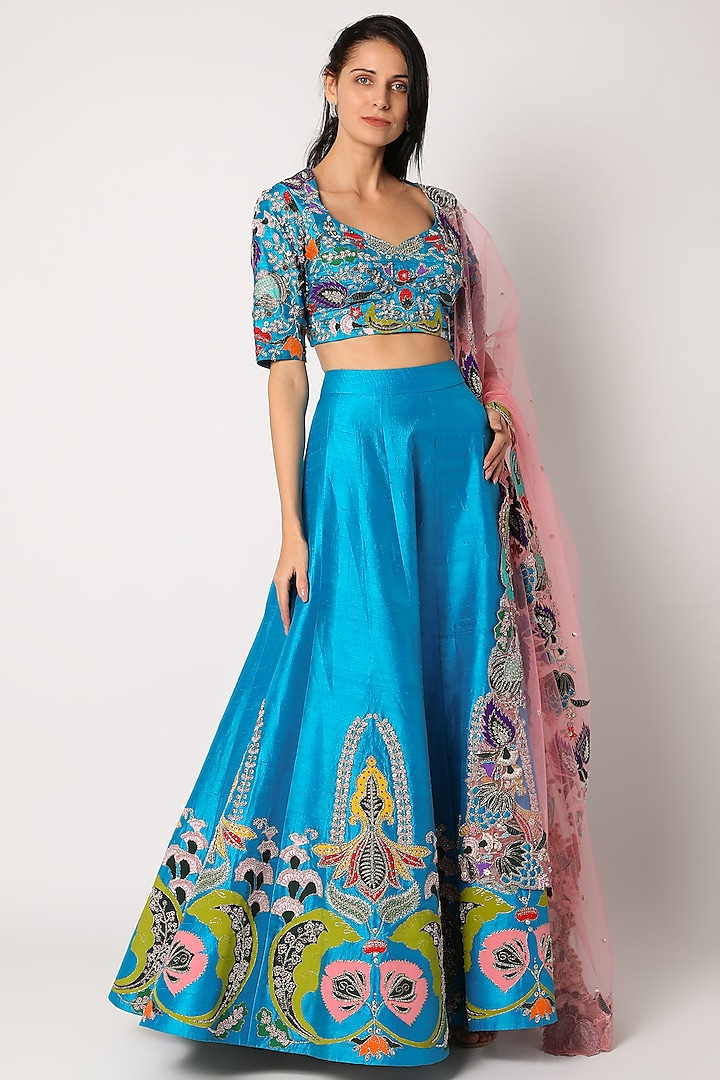 Cyan Blue Printed & Hand Embellished Lehenga Set by Aisha Rao