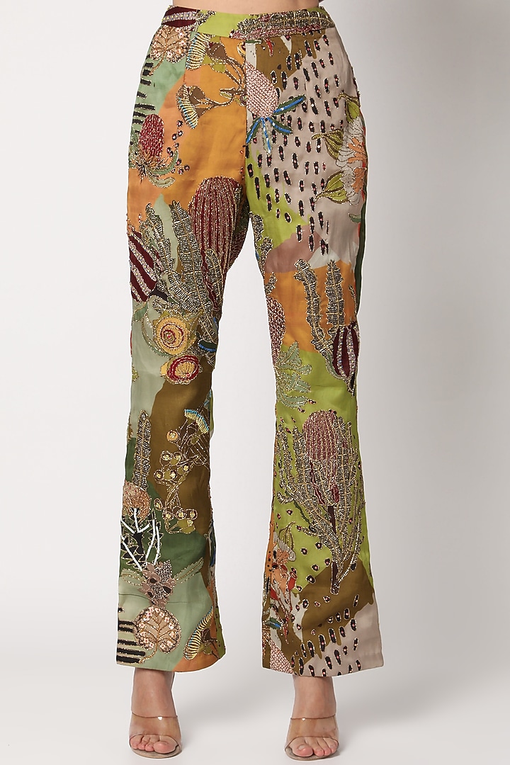 Olive Green Printed & Hand Embellished Kurta Set by Aisha Rao at Pernia's Pop Up Shop