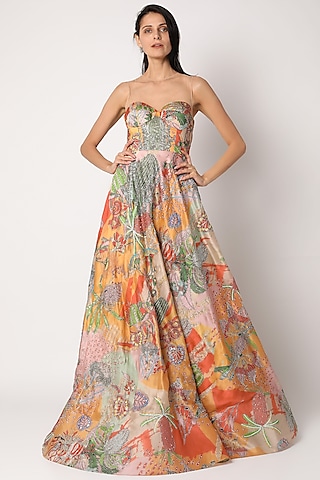 Yellow Printed & Embellished Gown by Aisha Rao