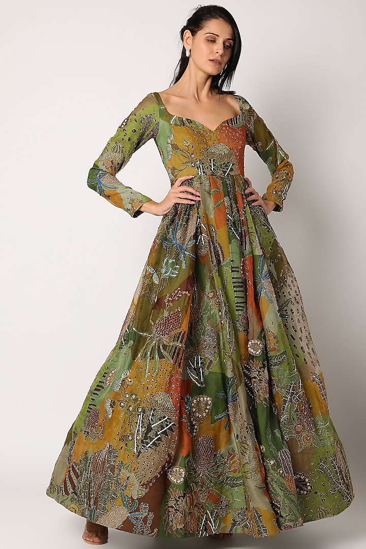 Olive Green Printed & Embellished Gown by Aisha Rao