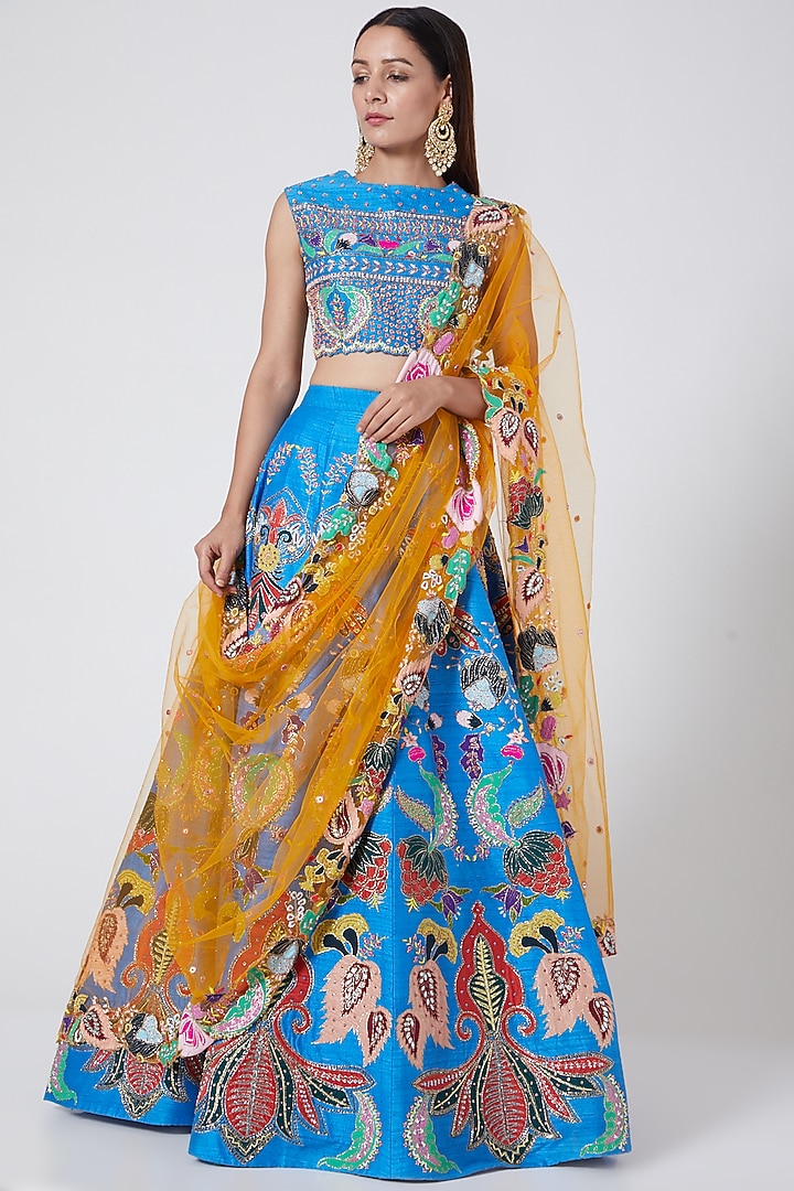 Dodger Blue Printed & Embellished Bridal Lehenga Set by Aisha Rao at Pernia's Pop Up Shop